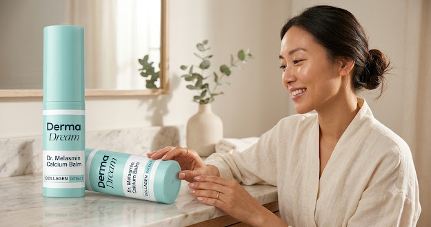 Dr. Melasmin Calcium Balm on a bathroom counter